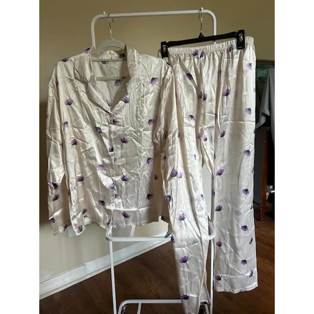 2XL Satin Floral Pajama Set with Button-Up Shirt and Elastic Waist Pants